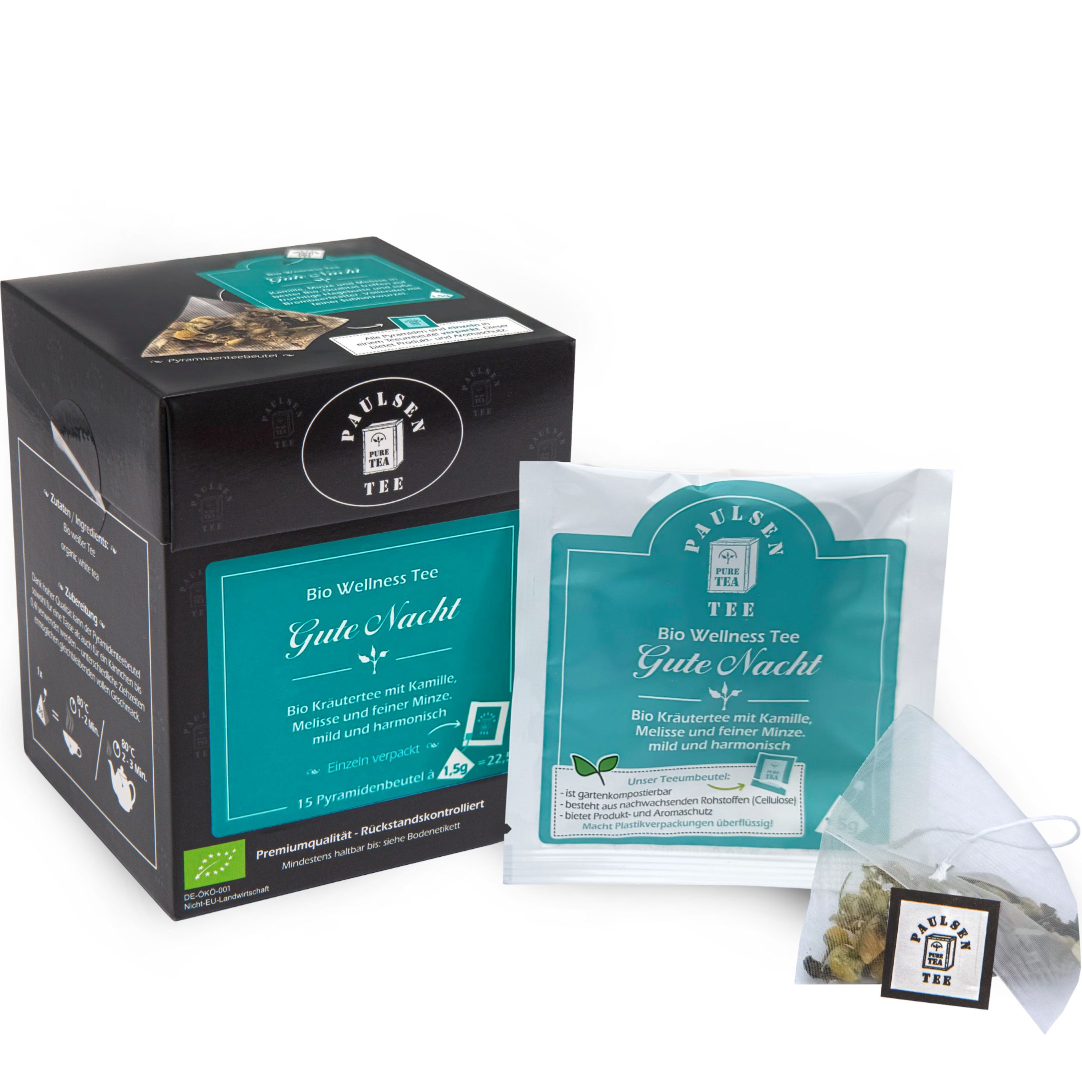 Paulsen Bio Wellness Tee Gute Nacht Kräutertee in Schachtel und Einzelbeutel. Enthält Kamille, Melisse und Minze.