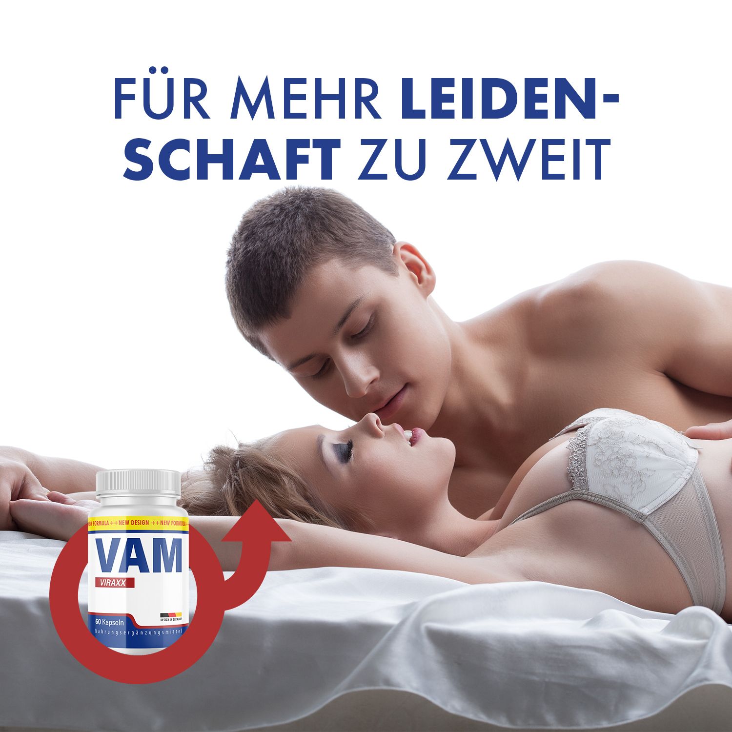 Paar im Bett, daneben VAM Viraxx Kapseln-Flasche. Roter Pfeil. Text: FÜR MEHR LEIDENSCHAFT ZU ZWEIT.