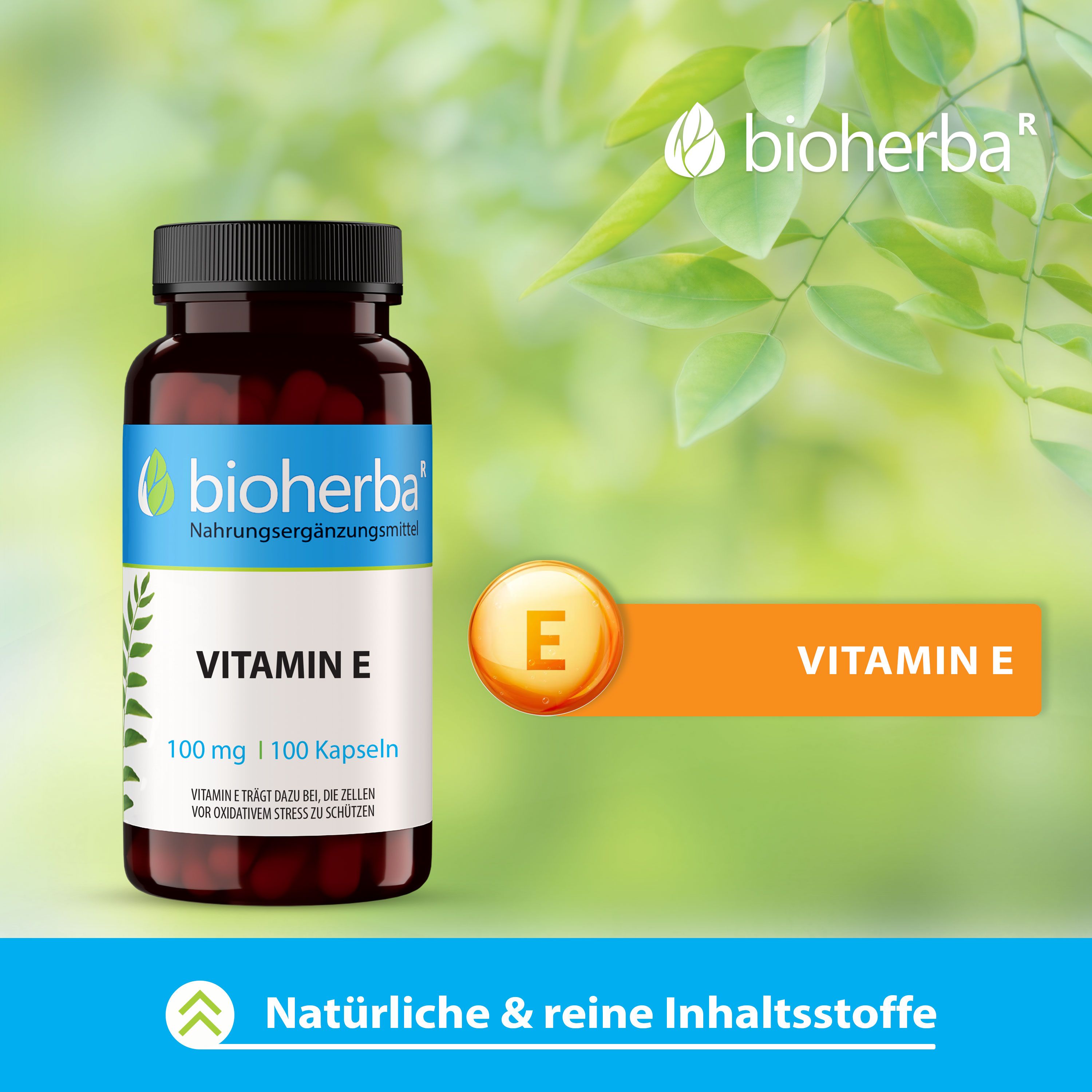 Flasche "Bioherba Vitamin E" mit gelbem "E"-Symbol. Text: "Natürliche & reine Inhaltsstoffe".