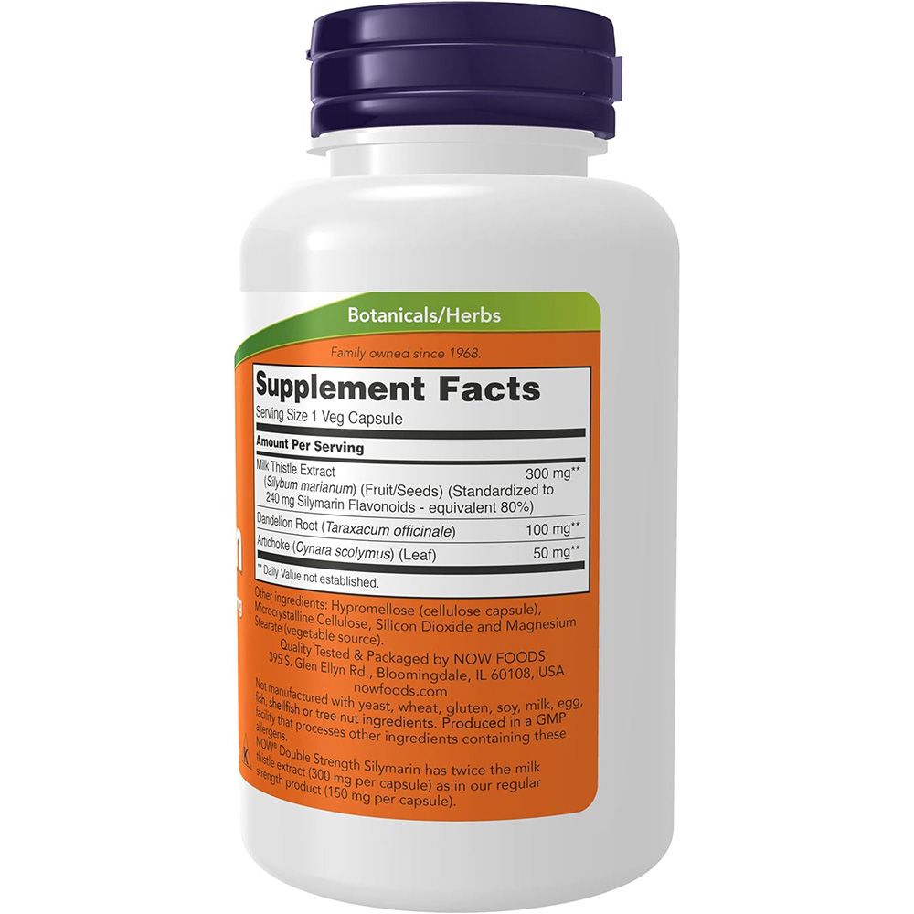 Weiße Flasche mit blauem Deckel. Orangefarbenes Etikett mit Text: "Supplement Facts", Inhaltsstoffe, 300mg Silymarin. GMP-Zertifizierung.