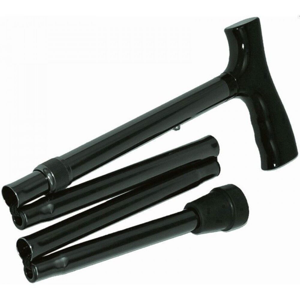 Schwarzer, zusammenklappbarer Gehstock mit Fritzgriff. Der Stock ist teilweise zusammengeklappt.