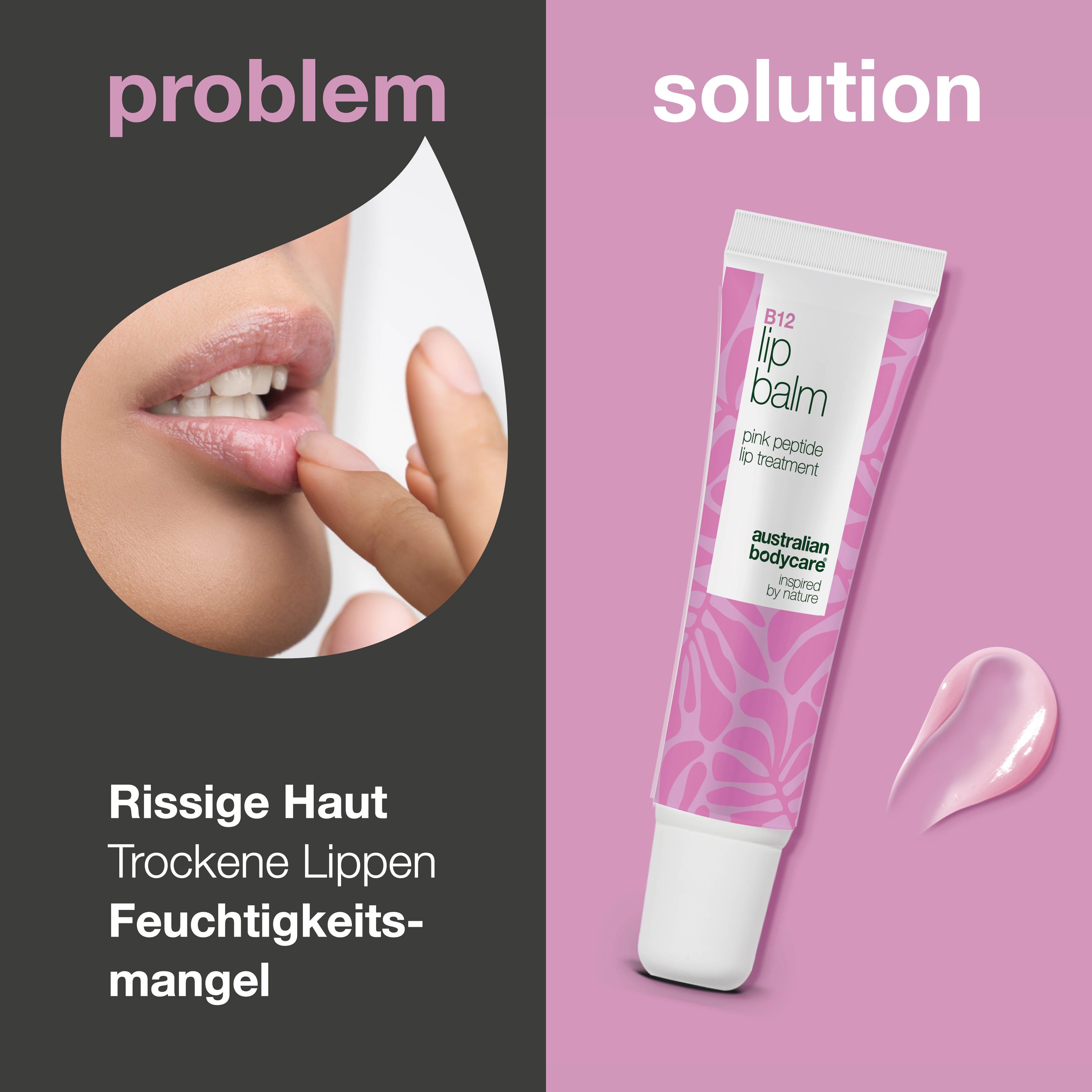 Eine Tube Lippenbalsam. Marke: Australian Bodycare. Text: B12 Lip Balm, pink peptide lip treatment. Rosa Hintergrund.