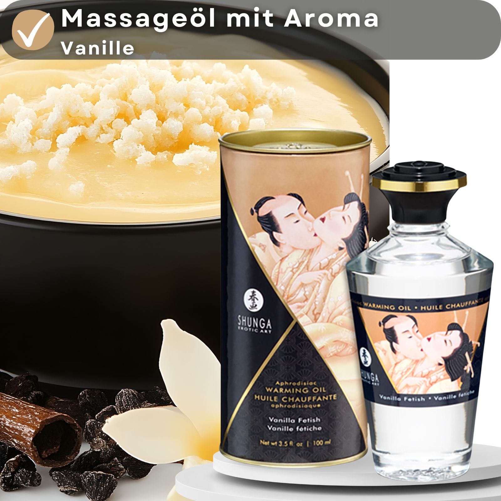 Massageöl mit Aroma Vanille in Glasflasche und Dose. Aufschrift: Warming Oil, Vanilla Fetish. Abbildung: küssendes Paar. Inhaltsstoffe: Vanille, Blüten.