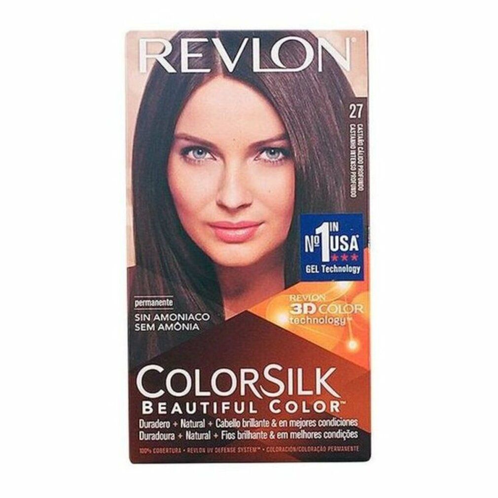 Haarfärbemittel-Verpackung. Revlon Colorsilk, Farbton 27. Frau mit braunem Haar auf der Verpackung. Text: Ohne Ammoniak, 3D Color Technology.