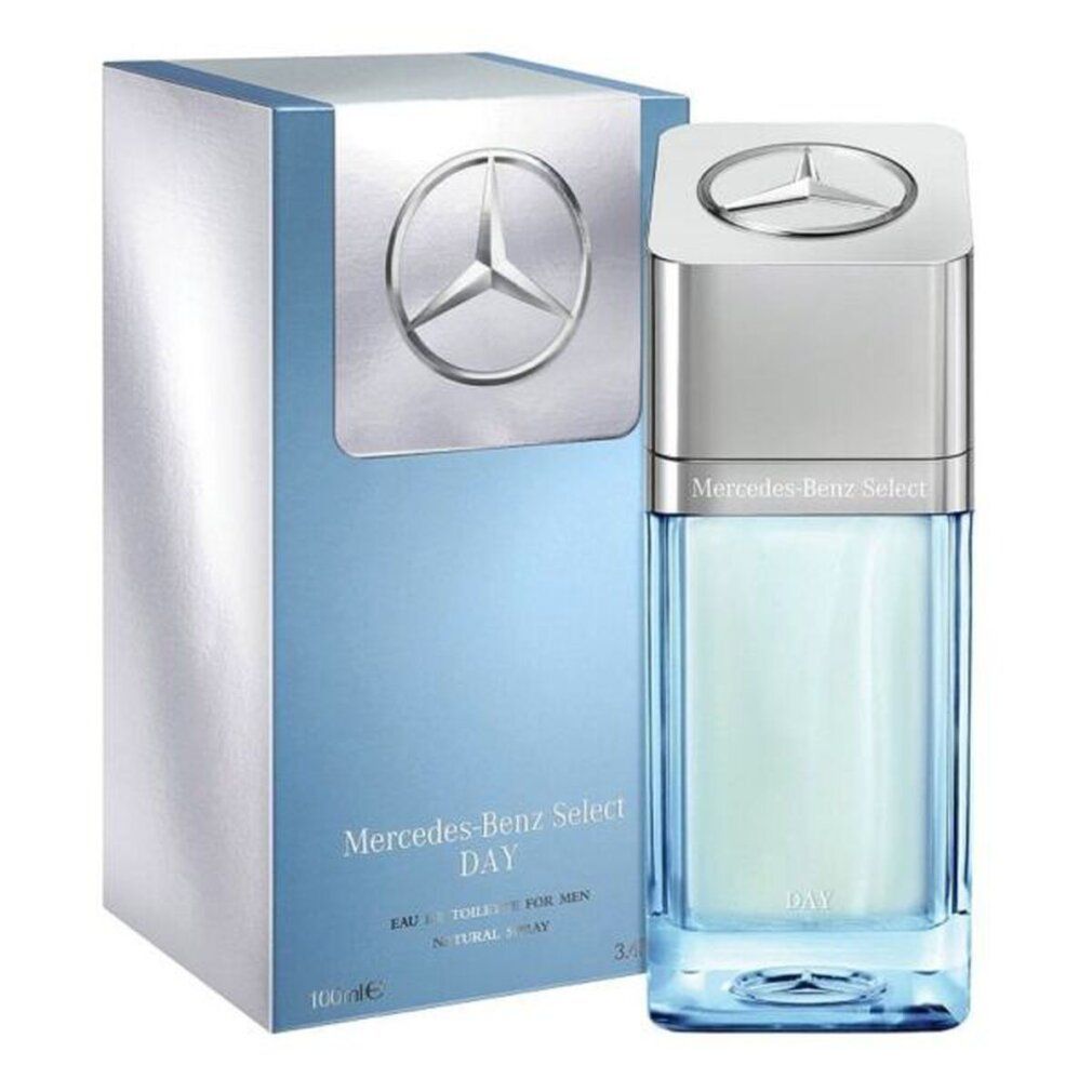 Hellblaues Eau de Toilette mit silbernem Deckel und hellblauer Verpackung. Auf der Verpackung steht Mercedes-Benz Select Day.
