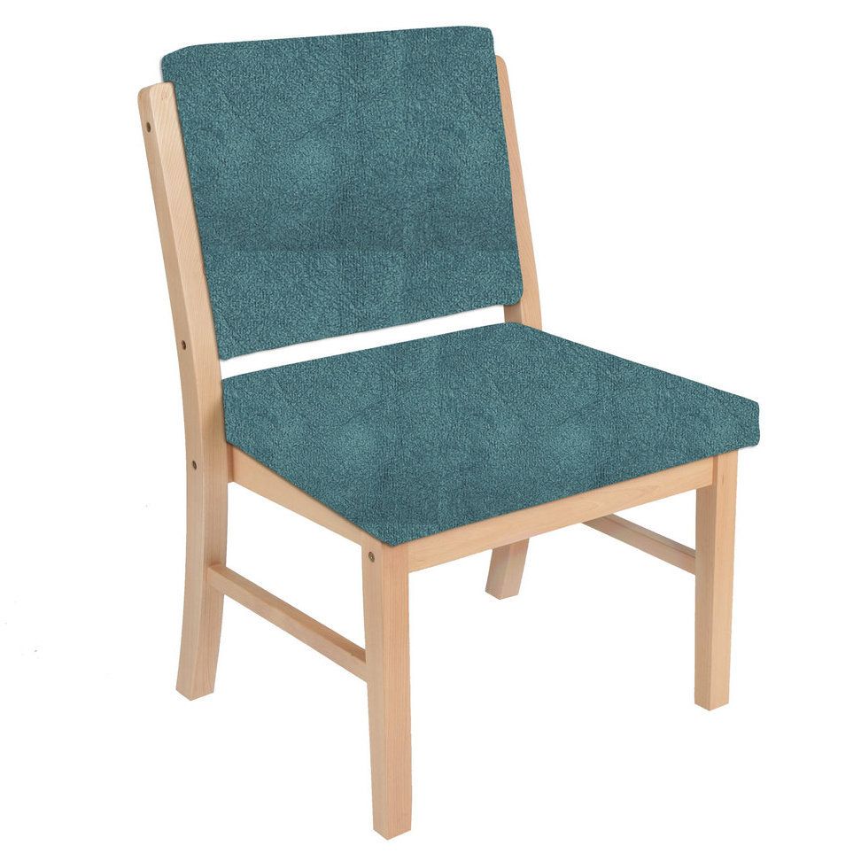 Stuhl mit blauem Stoffbezug und Holzrahmen. Einfaches Design.