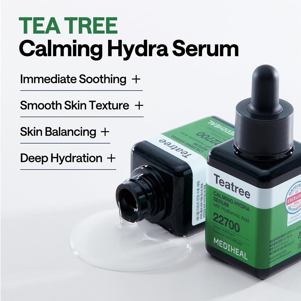 Zwei Serumflaschen. Aufschrift: Teatree Calming Hydra Serum, 22700, MEDIHEAL. Text: Immediate Soothing, Smooth Skin Texture.