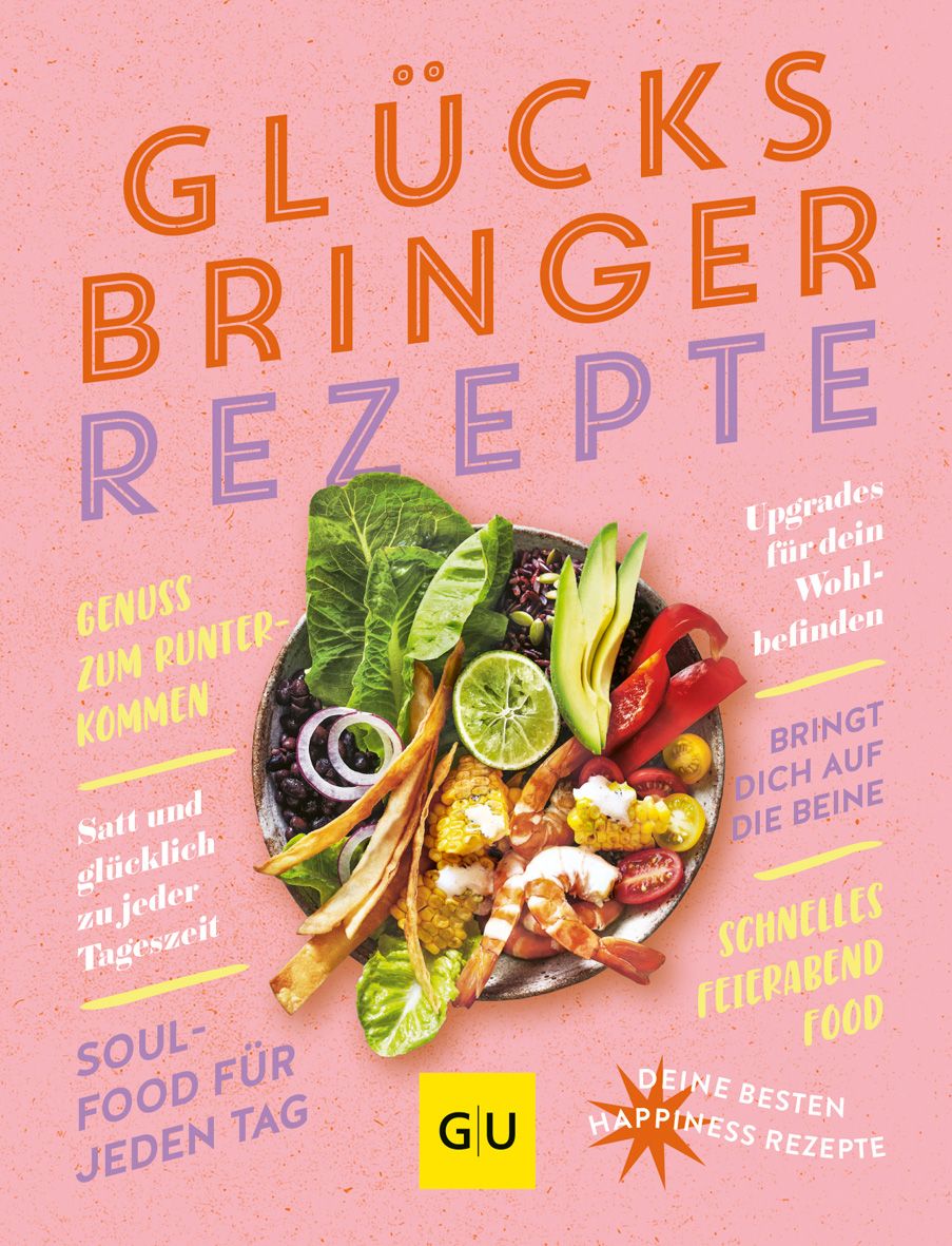 Buchcover mit Titel „Glücksbringer Rezepte“. Auf rosa Hintergrund, ein Teller mit Essen. GU-Logo unten links.