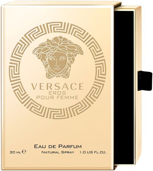 Goldfarbene Verpackung mit Flakon-Motiv und Aufschrift: Versace Eros Pour Femme Eau de Parfum. 30 ml.