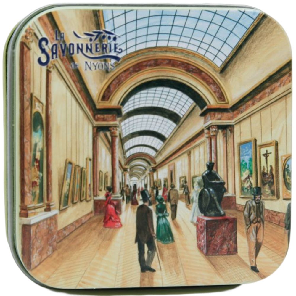 Quadratische Metallbox mit Galerie-Motiv. Aufschrift La Savonnerie de Nyons.