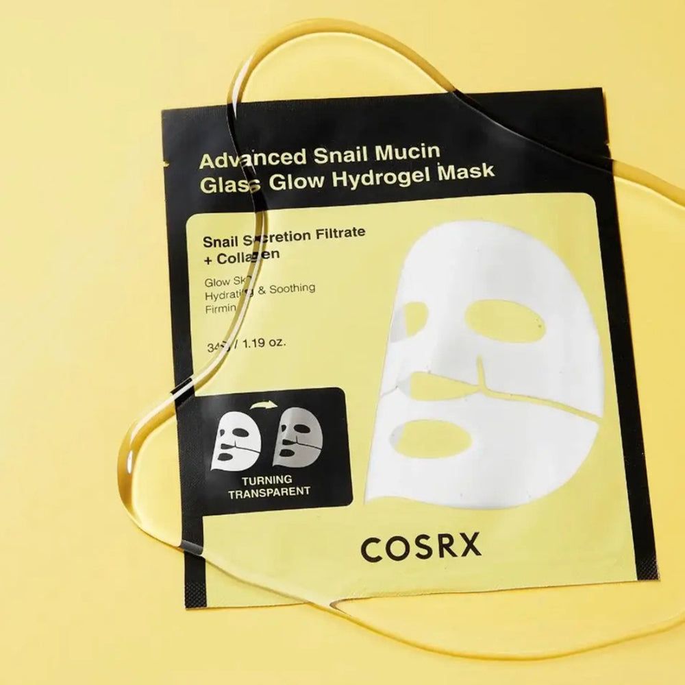 Verpackung der Advanced Snail Mucin Glass Glow Hydrogel Mask mit COSRX Logo und Serum.