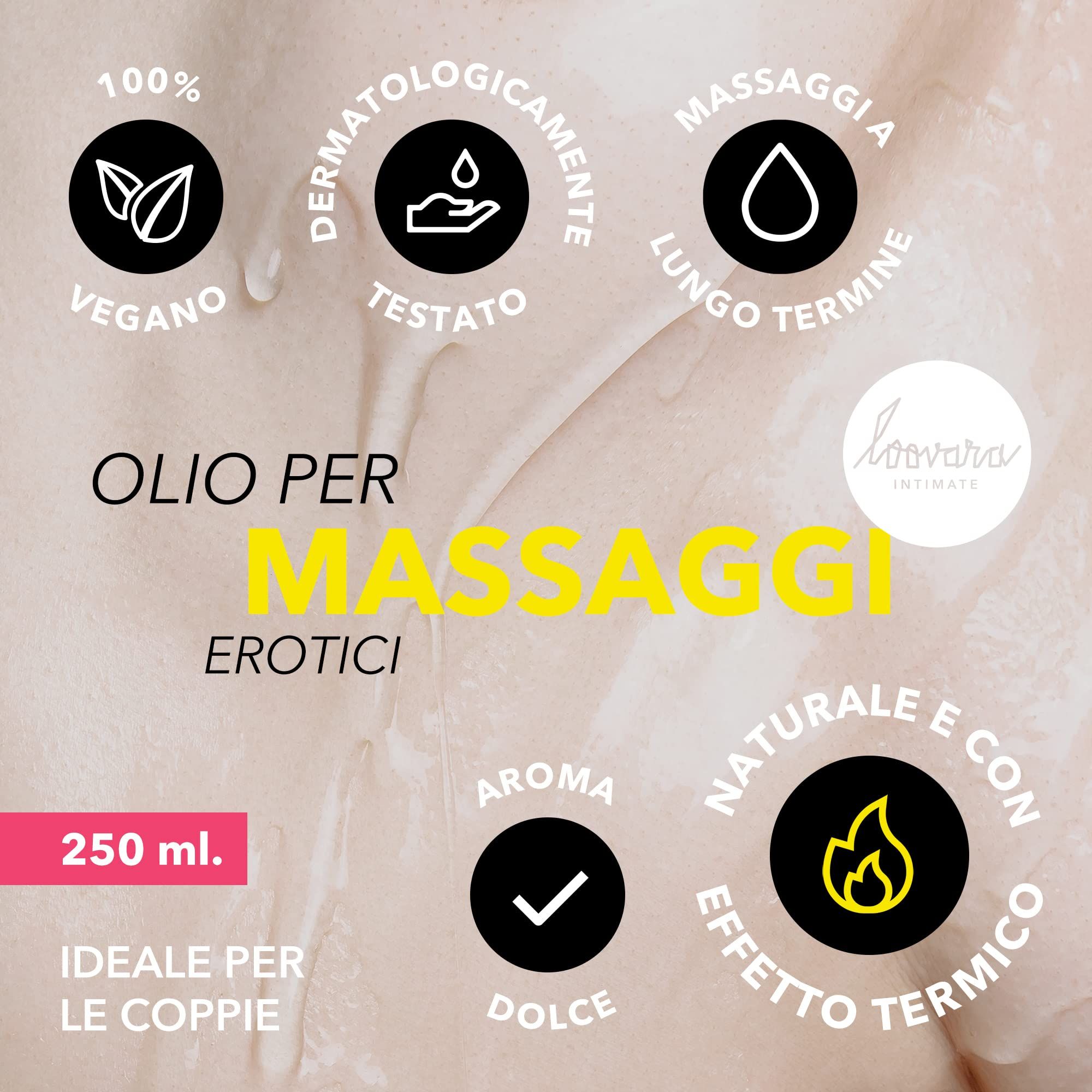 Gelbes Massageöl mit Aufschrift 'Olio per Massaggi Erotici'. 250 ml. Vegan, dermatologisch getestet.