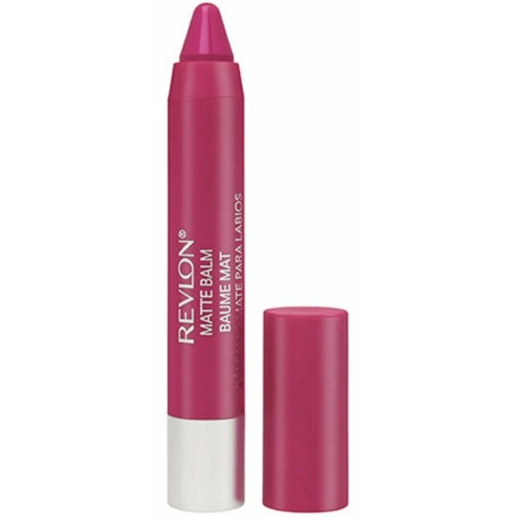 Revlon Matte Balm Lippenstift. Zylindrisch, pink. Weißer Boden. Kappe daneben. Text: Revlon, Matte Balm, Baume Mat, Balsamo Mate Para Labios.