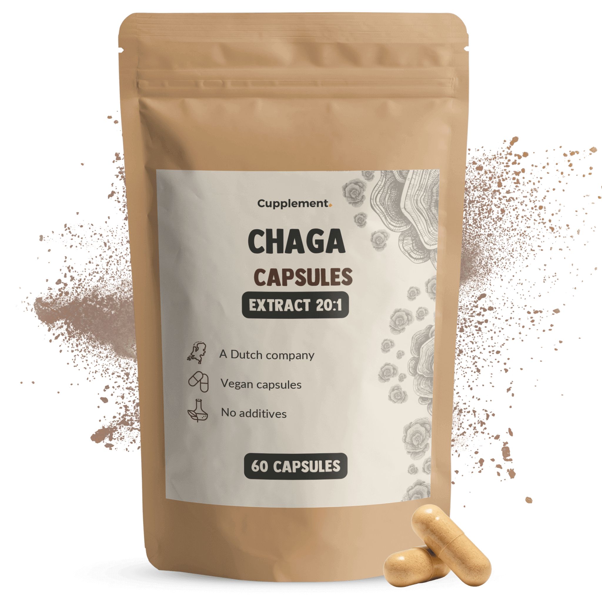 Braune Beutelverpackung mit Produktetikett. Text: Chaga Capsules, 60 Kapseln. 2 Kapseln daneben.