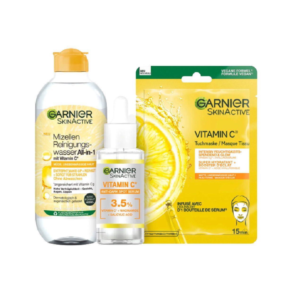 Garnier Pflegeset für das Gesicht, Mit Mizellen Reinigungswasser, Vitamin C  Serum und Tuchmaske 375 ml
