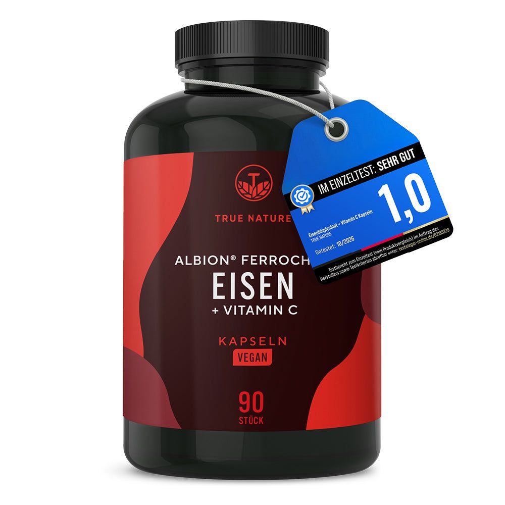 Dunkle Kapsel mit True Nature Albion Ferroch Eisen + Vitamin C Aufdruck, 90 Stück, vegan. Mit Bewertungssiegel.