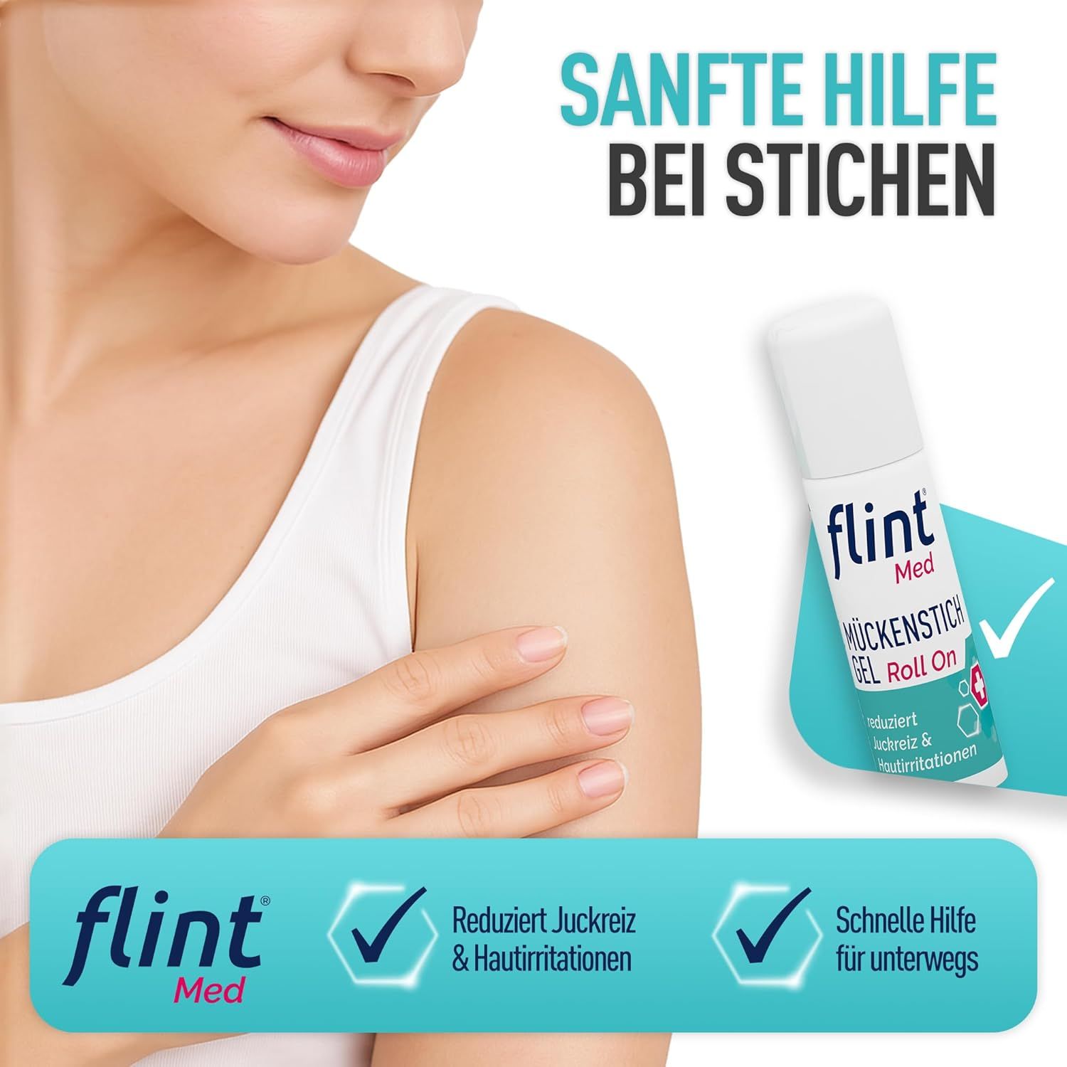 Arm einer Person mit flint Mückenstich Gel Roll On. Das Produkt wird auf die Haut aufgetragen. Text: Sanfte Hilfe bei Stichen.