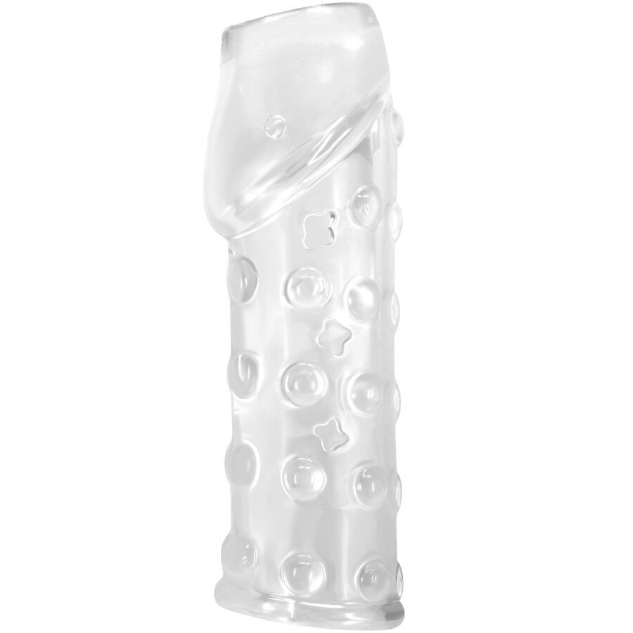 Transparente Penisverlängerung mit Noppen und Sternen. Zylindrische Form mit abgerundeter Spitze.