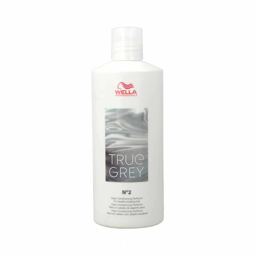 Weiße Flasche mit weißem Deckel. Aufschrift: WELLA, TRUE GREY, N°2. Produktbezeichnung in mehreren Sprachen.