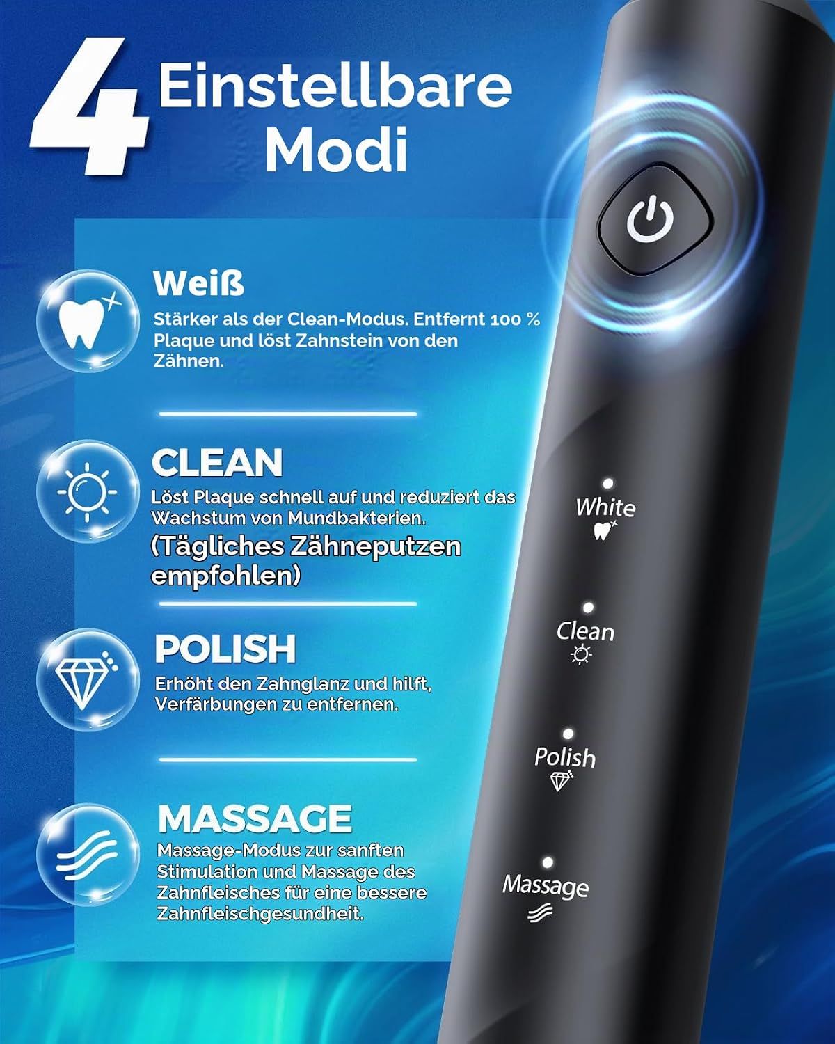 Elektrische Zahnbürste mit 4 Modi: Weiß, Clean, Polish, Massage. Zeigt Ladezustand an.