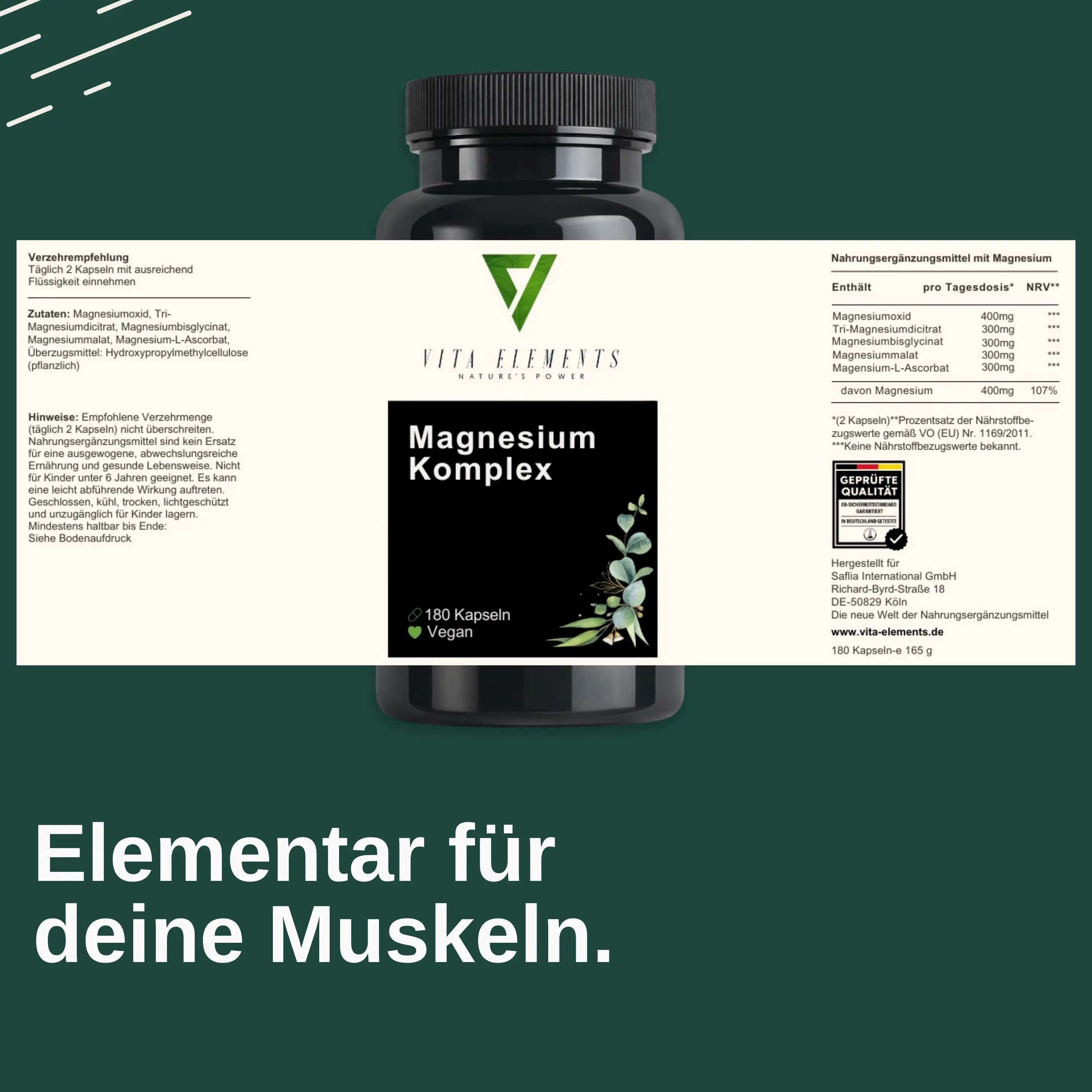 Flasche Vita Elements Magnesium Komplex Kapseln, 180 Kapseln, Vegan. Mit Symbolen: Laborgeprüft, ohne Zusatzstoffe, gentechnikfrei, Vegan.