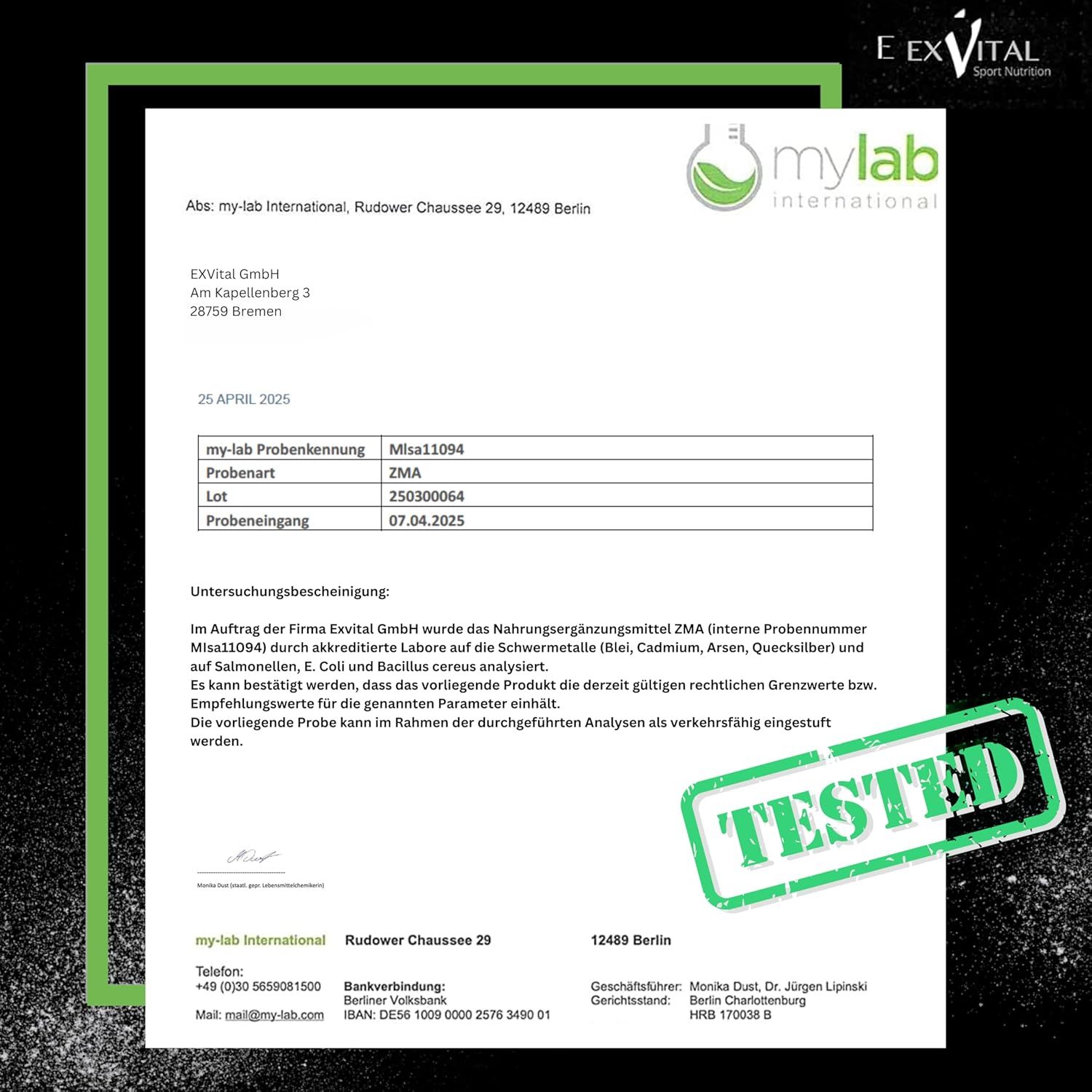 Zertifikat von mylab international. Text: ZMA, Probenummer, Untersuchungsergebnis. Geprüft. Marke: EXVital Sport Nutrition.