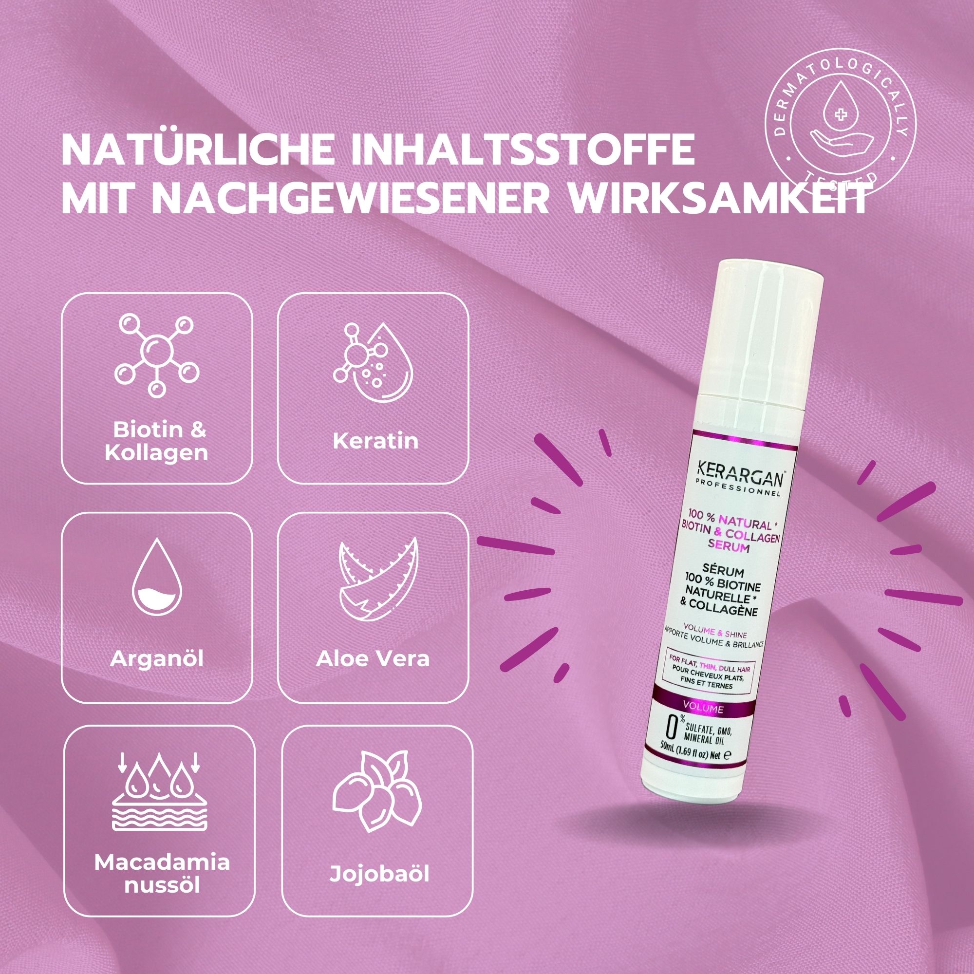 Kerargan Serum mit Inhaltsstoffen: Biotin & Kollagen, Keratin, Arganöl, Aloe Vera, Macadamia, Jojobaöl.