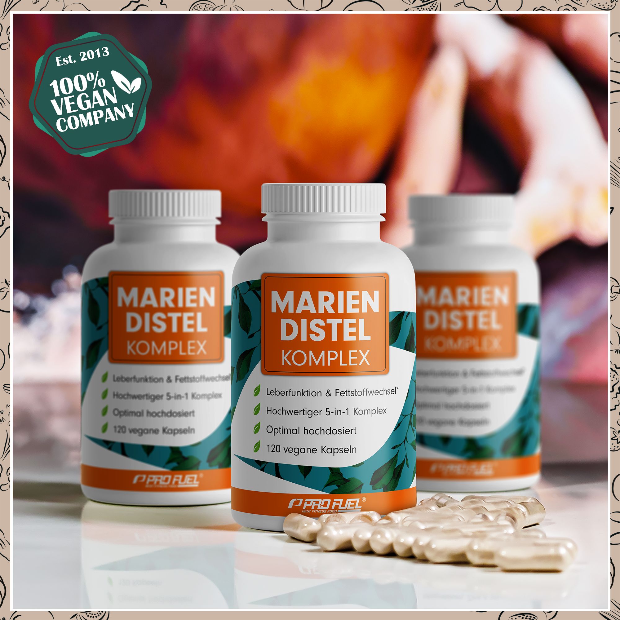 Drei Flaschen Mariendistel Komplex Kapseln. 120 vegane Kapseln. 100% vegan. Grünes Logo. Aufschrift: Mariendistel Komplex.