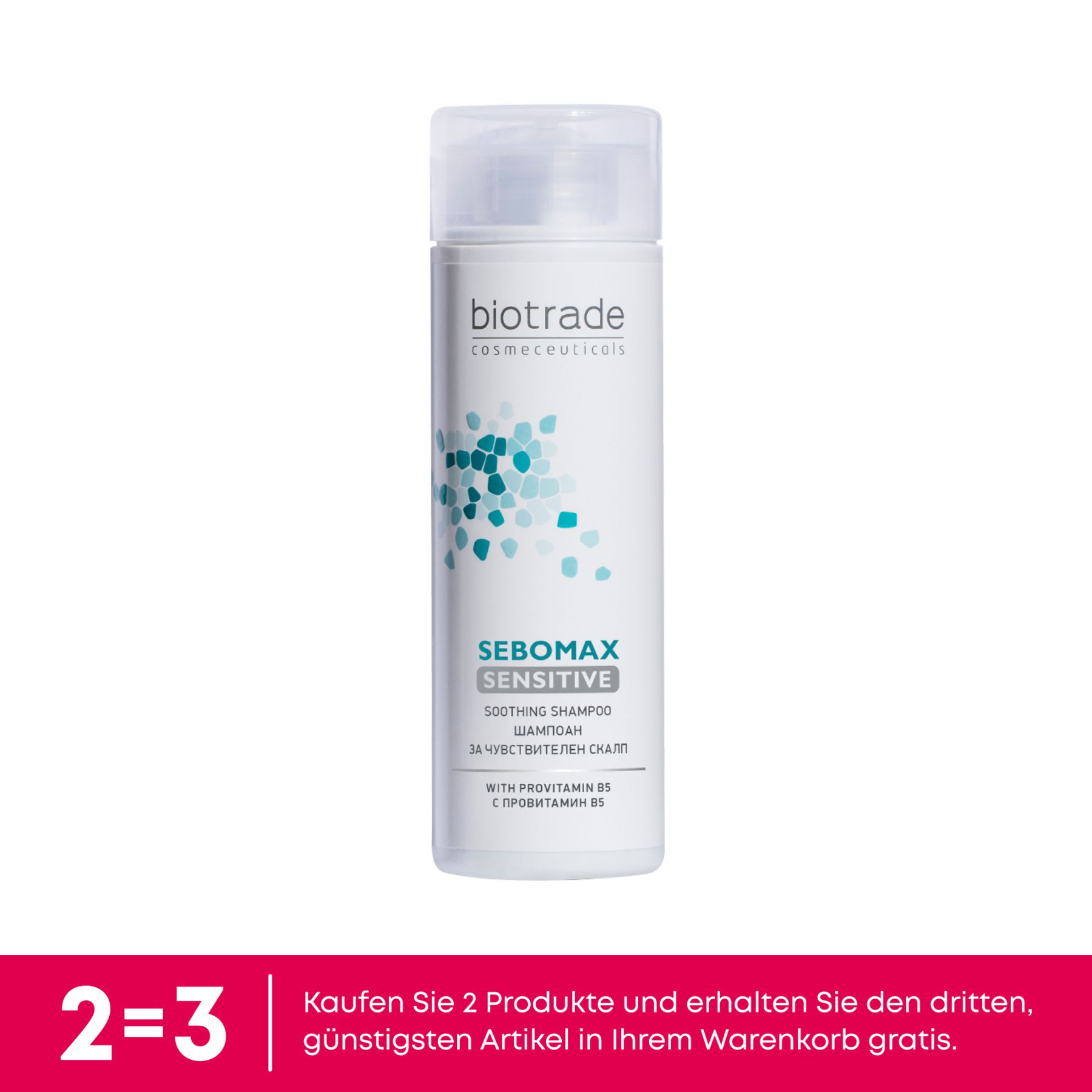 Weiße Flasche mit Klappverschluss. Aufschrift: biotrade, SEBOMAX SENSITIVE, SOOTHING SHAMPOO. Mit Provitamin B5. Produktangebot: 2=3.