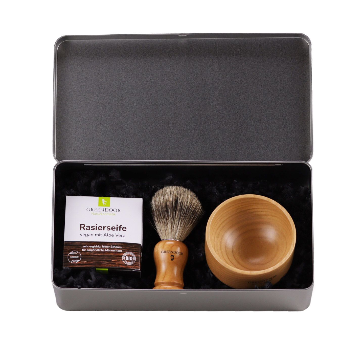 GREENDOOR Rasierset: Rasierseife mit Aloe Vera, Rasierpinsel und Holzschale in Metalldose.