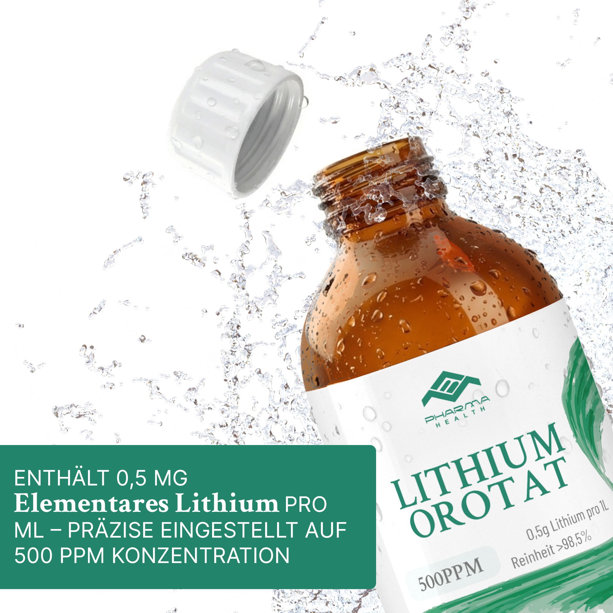 Braunglasflasche mit weißem Deckel. Etikett mit "Lithium Orotat" und "Pharma Health". Text: 0,5 mg elementares Lithium, 500 PPM.