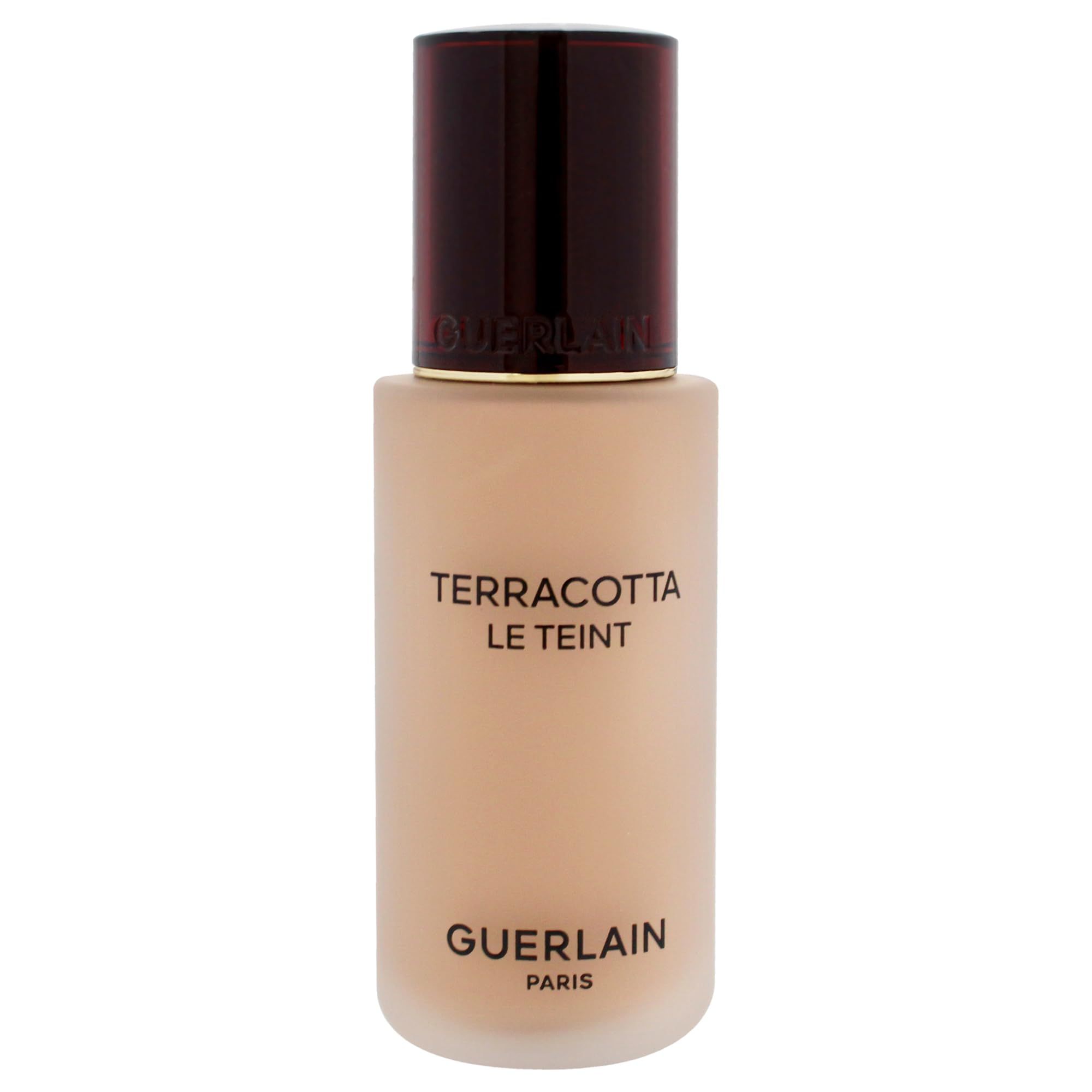 Beige Foundation-Flakon mit braunem Deckel. Aufschrift: Terracotta Le Teint, Guerlain Paris.