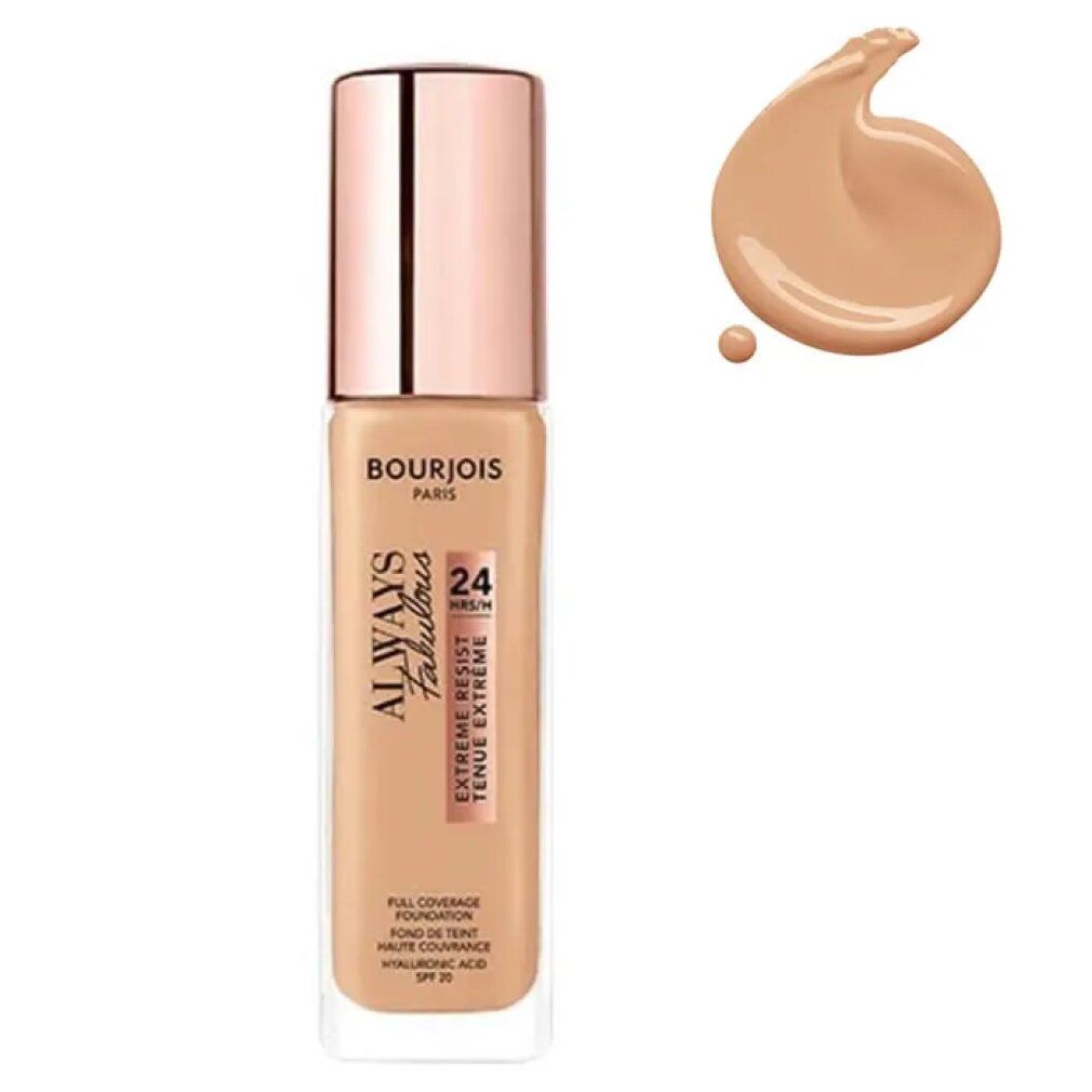 Bourjois Always Fabulous Foundation. Flasche mit hellbrauner Flüssigkeit und roségoldfarbenem Deckel. Farbklecks daneben. Text: Always Fabulous, 24H, SPF 20.