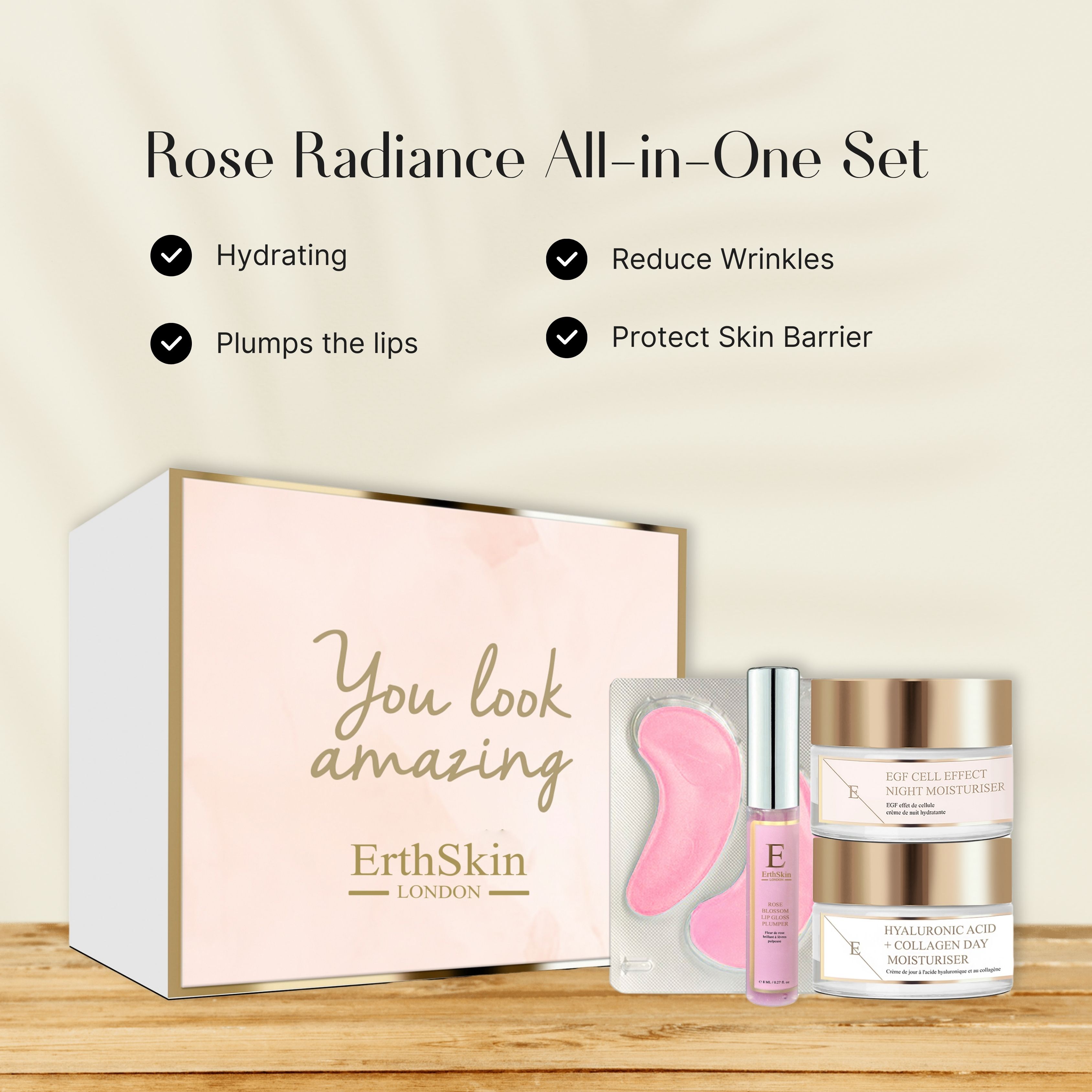 ErthSkin London Glow Lip Augenpads + Nachtfeuchtigkeitscreme + Tagesfeuchtigkeitscreme