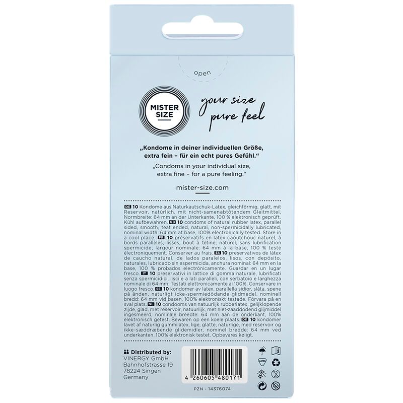 MISTER SIZE 64 Kondom-Verpackung. Hellblau und weiß. Größenangaben auf der Seite.