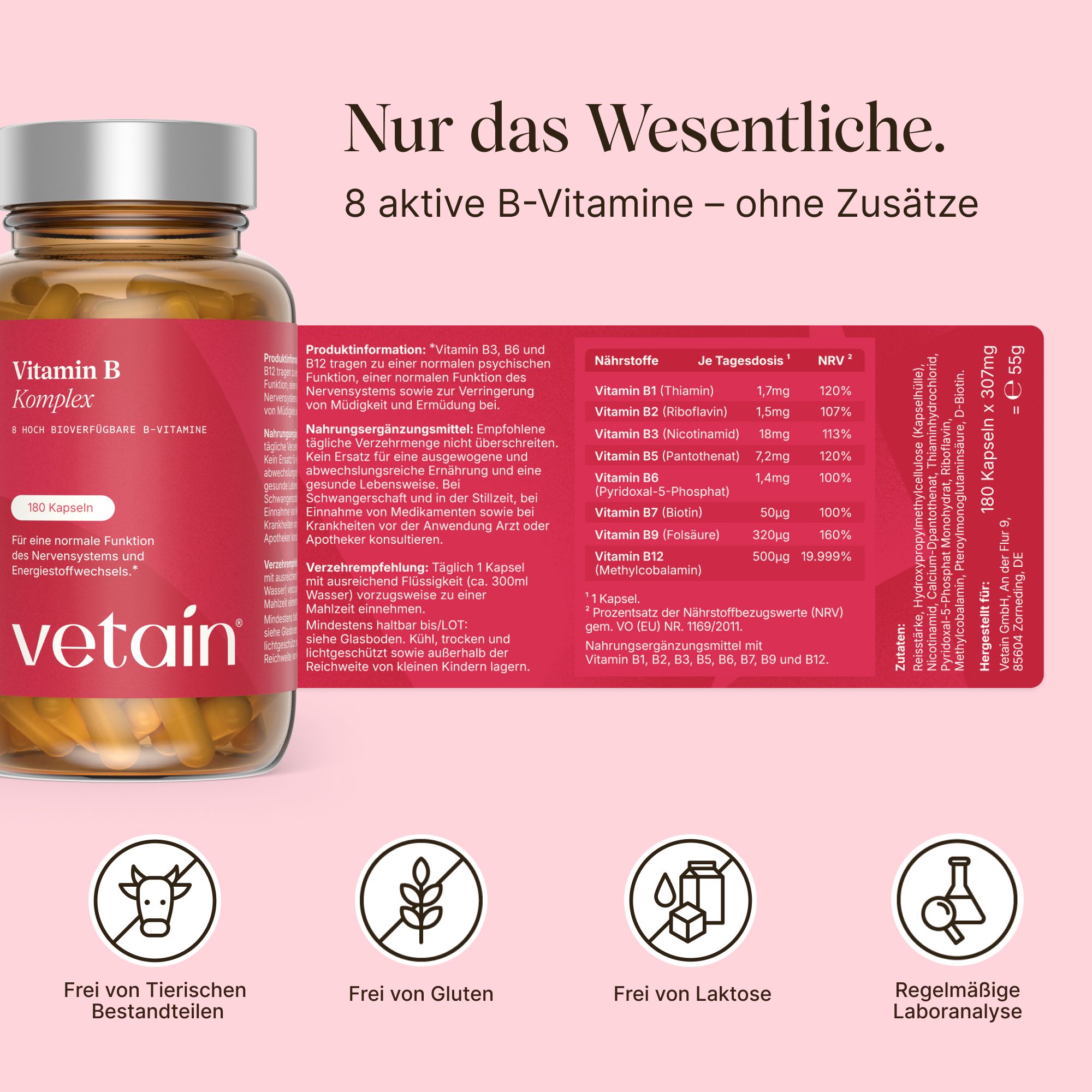 Vetain Vitamin B Komplex Flasche mit 180 Kapseln, enthält 8 B-Vitamine, vegan, ohne Zusatzstoffe.