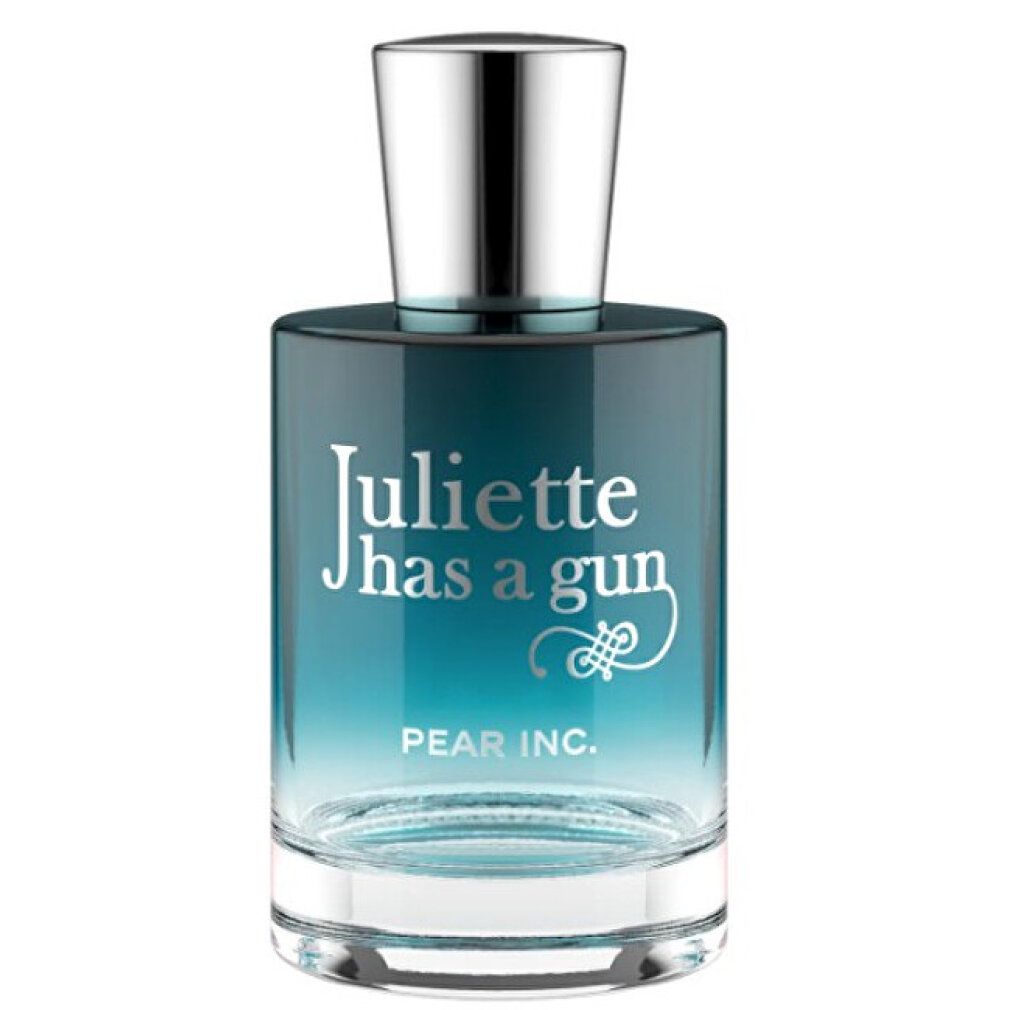 Glasflakon mit silbernem Verschluss. Aufschrift: Juliette has a gun, PEAR INC. Farbverlauf von blau nach transparent.