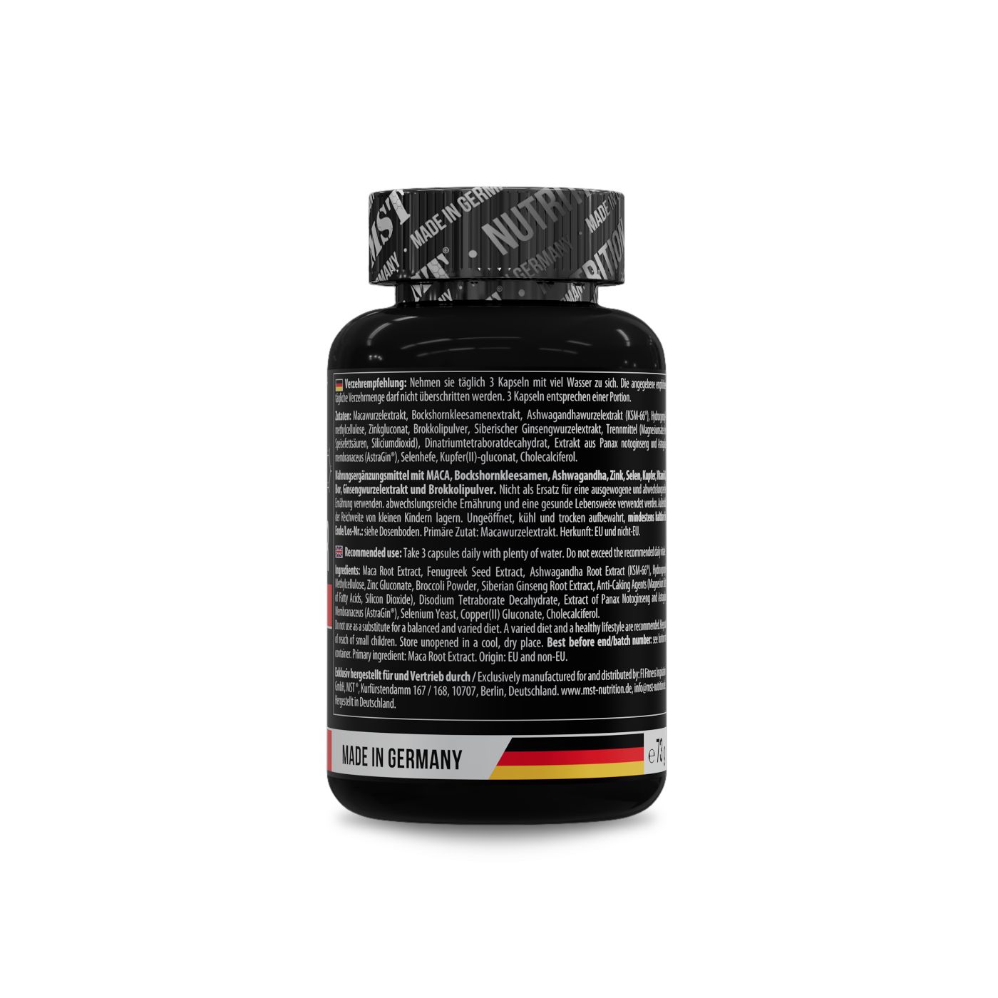 Schwarze Kapsel-Dose mit Etikett. Aufschrift: MST, Nutrition, Inhaltsstoffe, Verzehrempfehlung. Rückseite mit Inhaltsstoffen. Barcode und Gewicht.