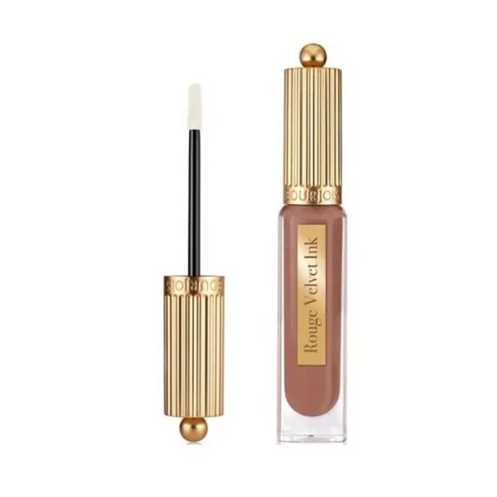 Bourjois Rouge Velvet Ink Lippenstift, Farbton 05 Pralinette, in goldener Verpackung mit Applikator.