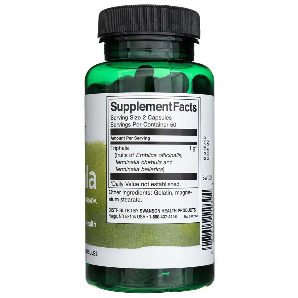 Rückseite einer Dose SWANSON Triphala mit Nährwertangaben und Inhaltsstoffen.