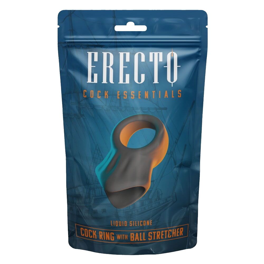 Verpackung mit Produkt. Aufschrift ERECTO, Cock Essentials. Schwarzer Ring mit orangefarbenem Ring. Text: Liquid Silicone, Cock Ring with Ball Stretcher.