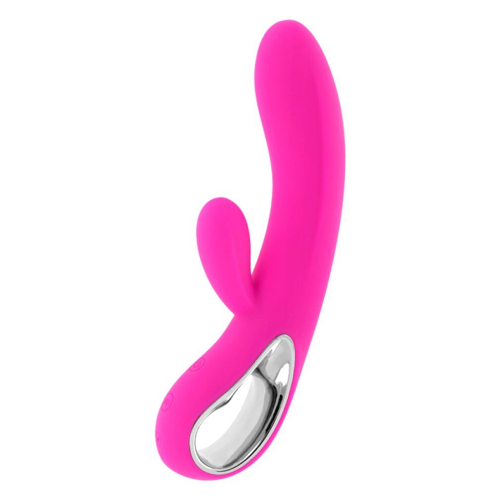 Pinkfarbener Silikon-Vibrator mit gebogener Form und silbernem Ring.