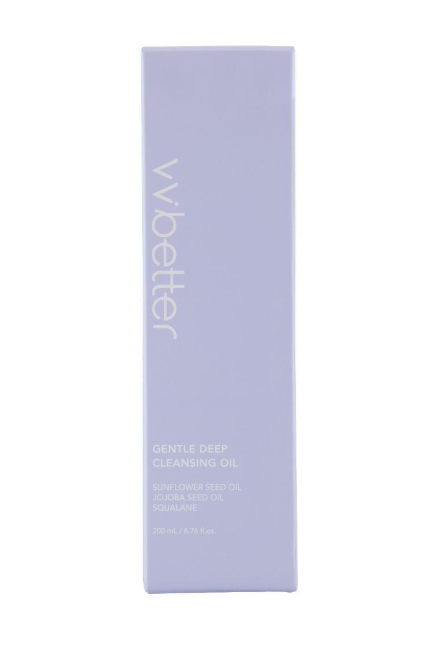 Violette Produktverpackung mit weißem "vvbetter"-Logo. Text: "Gentle Deep Cleansing Oil", Inhaltsstoffe, 200 ml.