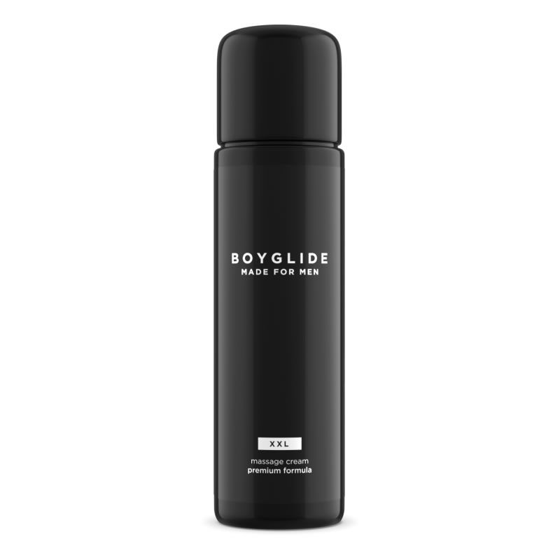 Schwarze Flasche mit schwarzem Deckel. Aufschrift: BOYGLIDE MADE FOR MEN, XXL, massage cream premium formula.