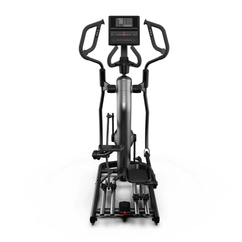 Ellipsentrainer, grau-schwarz. Griffe, Pedale, Konsole. Steuerung und Display. Für Fitness-Training.