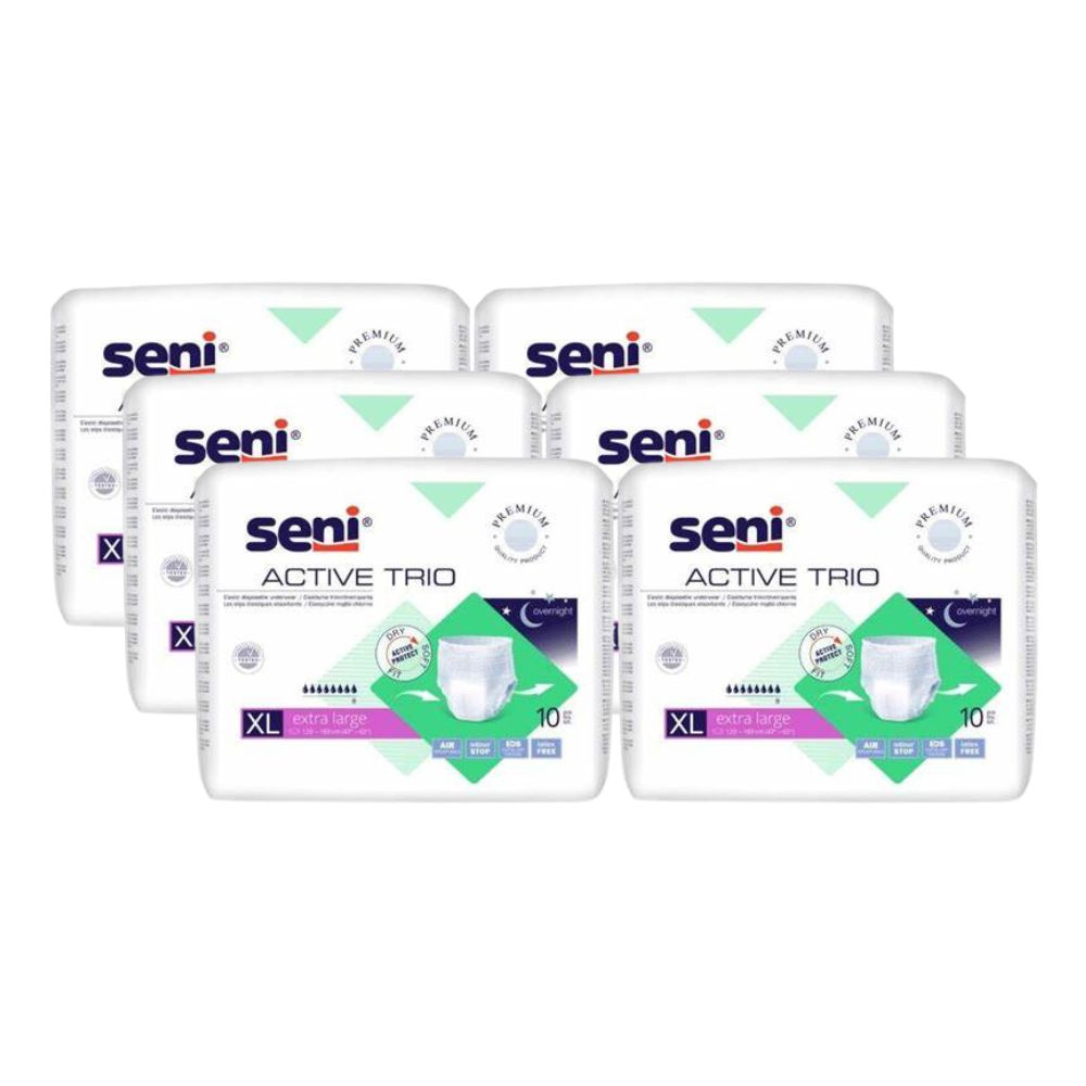 Mehrere Packungen Seni Active Trio. Jede Packung enthält Inkontinenzhosen in XL-Größe. Aufdrucke: Seni, Active Trio, Premium, XL, 10 Stück.