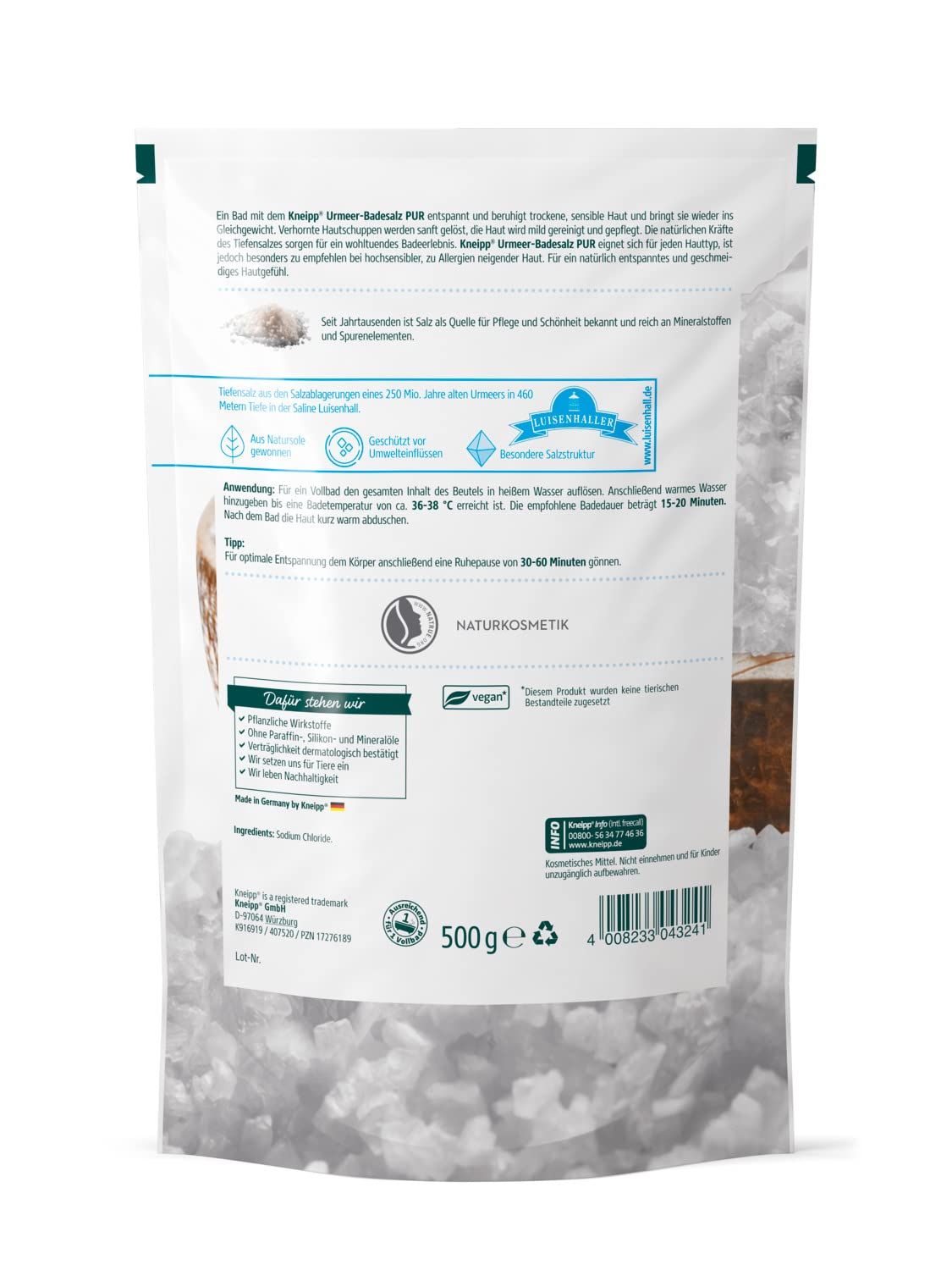 Rückseite der Kneipp Urmeer-Badesalz Pur Verpackung. Text: Anwendung, Inhaltsstoffe, Vegan-Siegel, 500g. Mit Zertifizierungen.