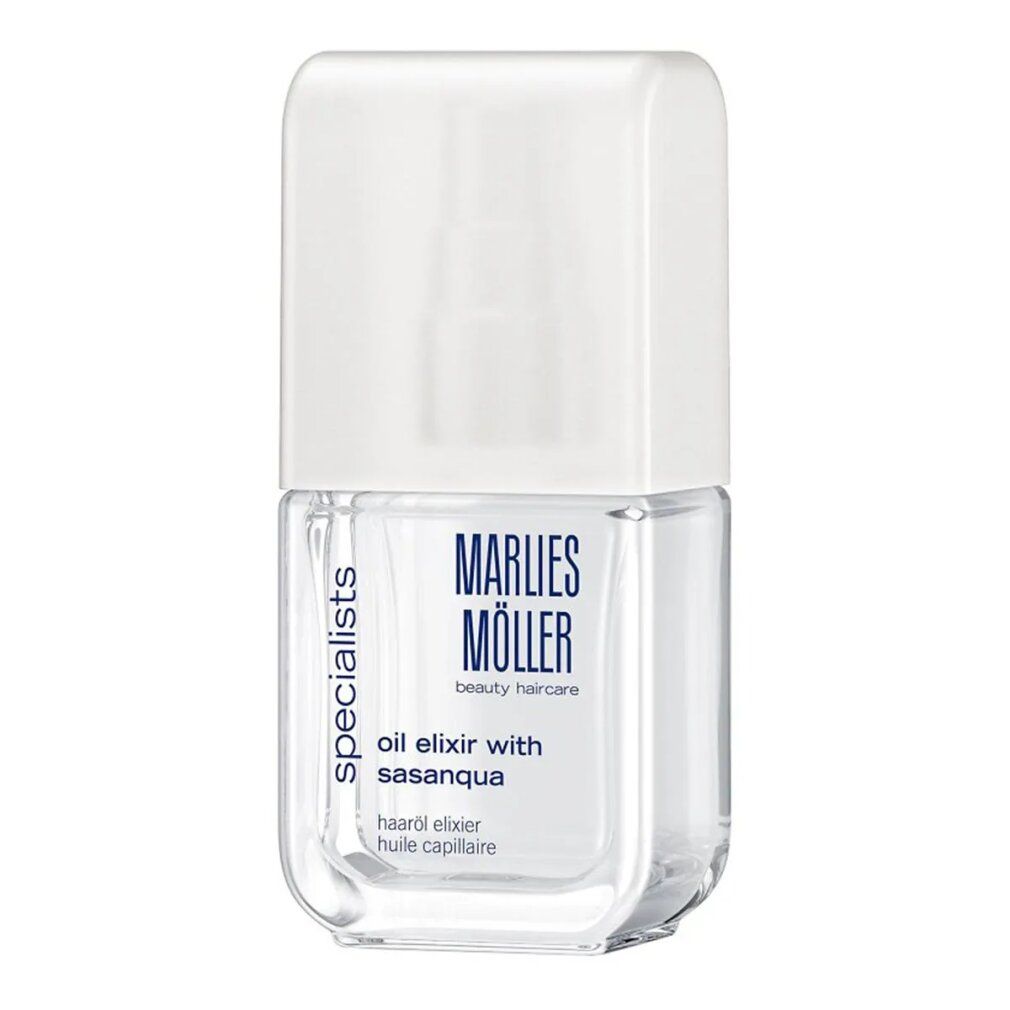 Weißer Flakon mit Sprühkopf. Goldfarbenes Logo. Beschriftung: Marlies Möller, oil elixir with sasanqua, 50ml/1.7Fl.Oz.