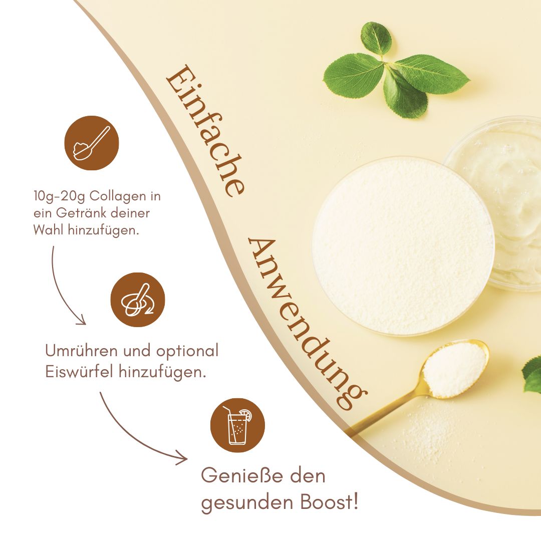 Anleitung zur Anwendung von marble© Collagen Pro. 10-20g in Getränk geben, umrühren, Eiswürfel hinzufügen. Genießen!