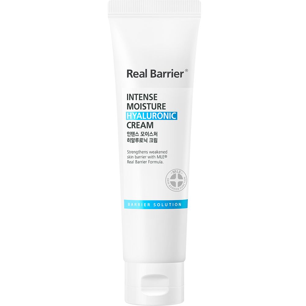 Weiße Tube mit blauem Text. Aufschrift: Real Barrier, Intense Moisture Hyaluronic Cream. Siegel.